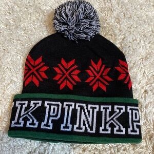 Pink Victoria’s Secret black beanie with poof winter hat